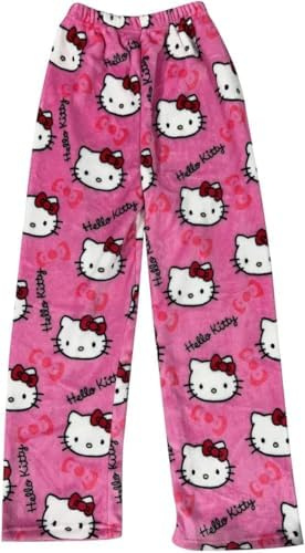 Pantalon de pyjama Kitty pour femme - Long en flanelle - Doux - Kawaii - Anime - Confortable - Rose - Automne-hiver