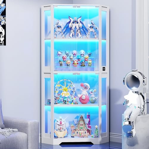 BROTTAR 4 Shelf Corner Display Cabinets with Glass Doors, 65 Tall Bookcase with Lights/Human Sensor, Display Case with Magnetic Lock for Storage Collectables Bedroom Living Room Office, White