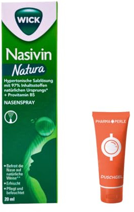 WICK Natura Nasenspray 20 ml | Hypertonische Salzlösung zur Nasenpflege | Mit ProVitamin B5, Menthol, Eukalyptus & Thymian | Ohne Konservierungsstoffe | mit Pharma Perle Duschgel (1x)