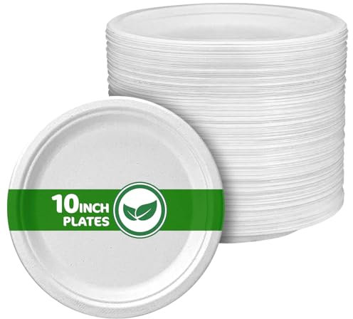 Disposable Paper Plate 10 Inch Heavy Duty Strong Bagasse Compostable Eco-Friendly Natural Sugarcane Fibers Round Plates for Hot & Cold Food Catering BirthdayDinner Party Office Picnic BBQs 200 Plates