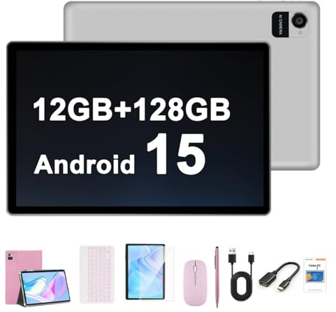Crelander Tablet Android 15 da 10,1 pollici, 12 GB + 128 GB, batteria da 5000 mAh, touch screen 1280 x 800, Bluetooth/WiFi, bundle con custodia, tastiera, mouse e stilo (rosa)