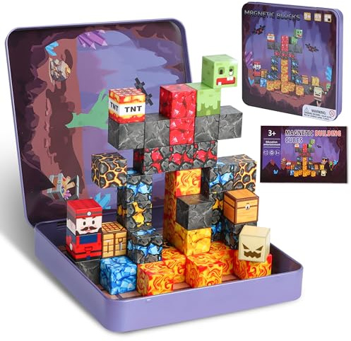 Ulikey Magnetische Bausteine, Magnetbausteine Tragbare, Reisespielzeug Magnetic Blocks, Pixel Blocks, STEM Building Blocks, Geschenk Spielzeug Autofahrt für Jungen Mädchen ab 3 Jahre (49PCS Adventure)