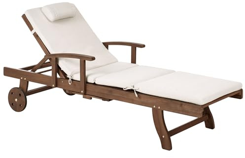 Beliani Acacia Wood Garden Sun Lounger Reclining with Wheels Classic Design with Light Beige Cushion Amantea Premium