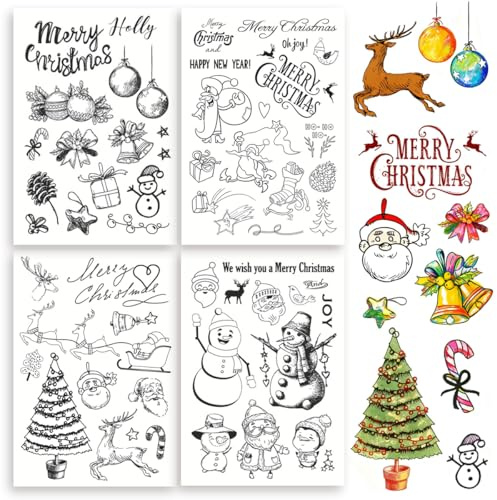 Silikonstempel Weihnachten, 4 Blätter Weihnachtsstempel Clear Stamp Weihnachten, Silikonstempel Winter, Frohe Weihnachten Stempelset, Transparent Weihnachtsstempel Silikon DIY Scrapbooking Fotoalbum