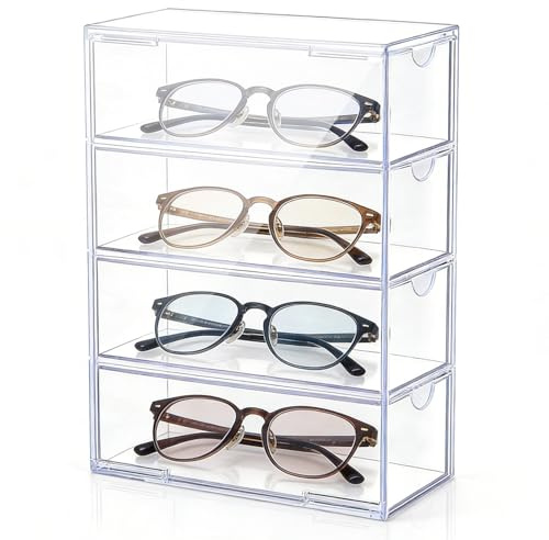 Everpwr Clear Acrylic Sunglasses Organizer - 4 Slots Acrylic Display Drawer Sunglasses Holder, Stackable Storage Organiser Drawer for Eyewear, Jewelry, Watches and More