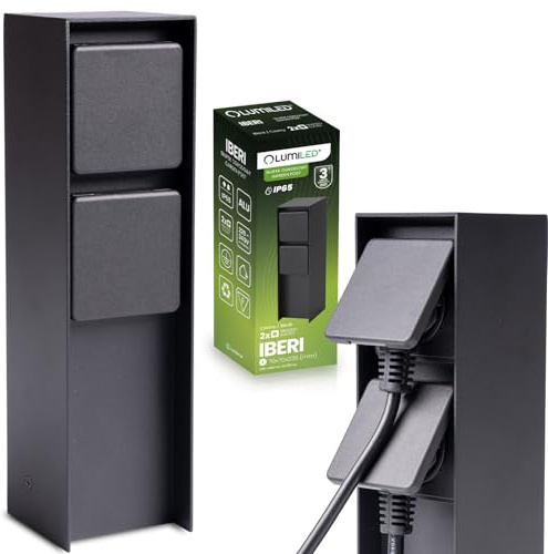 LUMILED Garten Steckdosensäule für außen, 2 Fach 230V Doppelsteckdose schwarz eckig 24cm IP65 2X Steckdosen Aluminium Steckdose Gartensteckdose Outdoor Steckdosenturm Steckdosenverteiler