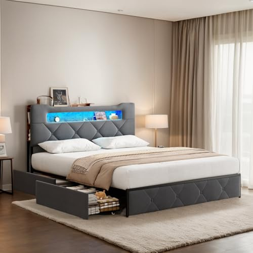 Zorvani Polsterbett 140x200 cm, Doppelbett mit 4 Stauraum Schubladen, Stauraumbett mit LED Kopfteil & Ladestation, Boxspringbett, Jugendbett Bettgestell mit Lattenrost, Samt,Ohne Matratze
