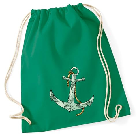 Huuraa Turnbeutel Anker Anchor Geschenk | Sportbeutel 12 Liter Kelly Green Baumwolle Grüner Rucksack Geschenkidee Unisex Beutel mit Kordelzug Baumwollbeutel