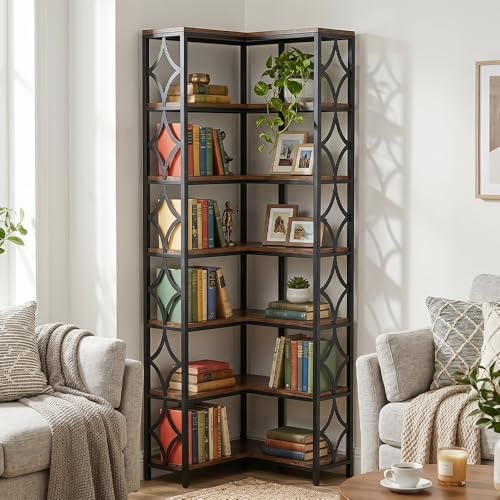 Estiliza 7 Ebenen Eck-Bücherregal Vintage, L-förmiges Regal, 200 cm Hoch, Industrielles Eckregal Stehend, Regal Holz Metall, Standregal für Wohnzimmer, Büro, küche, Schlafzimmer (Braun)