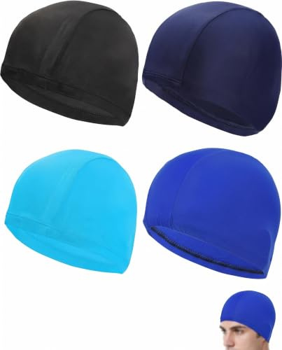 BIRLOZA 4 Pezzi Cuffie da Nuoto Unisex Elastiche, Comode e Morbide, Tessuto Altamente Elastico e Resistente, Adatte per Ragazze, Capelli Lunghi o Corti, Uomini e Bambini