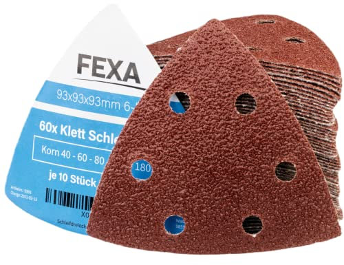 Fexa Dreieckschleifpapier - Multitool Schleifpapier Dreieckschleifer Schleifpapier Multischleifer - 93 x 93 x 93 mm, 40-240 Korn, 6-Loch, 60 Stück