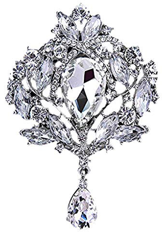 Brüssel08 Damen-Brosche mit Blumenstrauß, Tropfenform, Strass-Anhänger, Cocktail-Brosche, weiß
