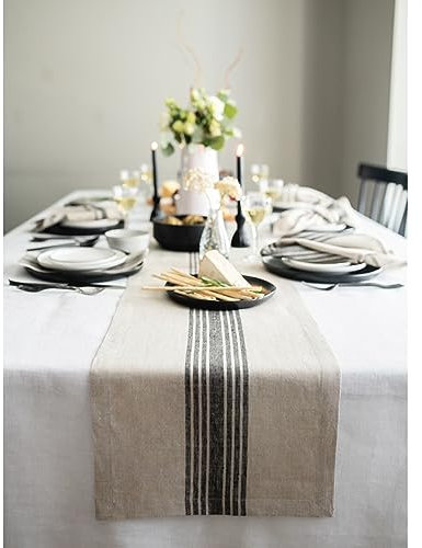 Solino Home Leinen Gestreifter Tischläufer,100% Leinen Leinen Farmhouse Tischläufer 14x90 Zoll,Schwarz und Natur Tischläufer für Herbst, Halloween, Thanksgiving, Weihnachten, Feiertage,Handgefertigt