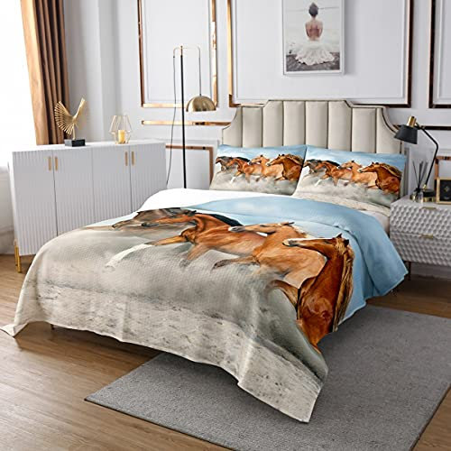 Homewish Pferdebettwäsche-Set für Jungen 240x260, Galoppierendes Pferd Tagesdecke Wild Farm Animal, Kids Teens Adult Cowboy Quilted Men Bettdecke Room Decor