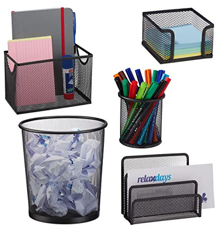 Relaxdays Schreibtisch Organizer 5er Set, Büro & Zuhause, Mülleimer, Bürobox, Briefhalter, Stifte-& Zettelbox, schwarz