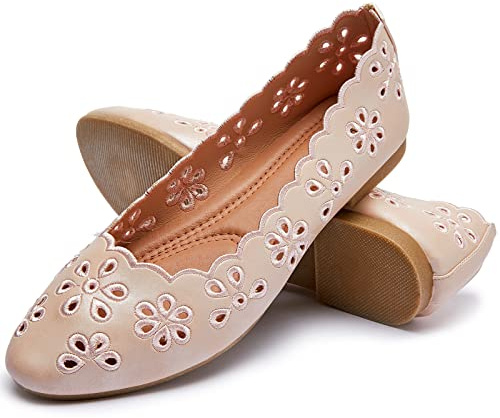 FRACORA Women's Ballet Flats Black PU Leather Dress Shoes Comfortable Round Toe Slip on Flats with Breathable Eyelets, Pink, 11