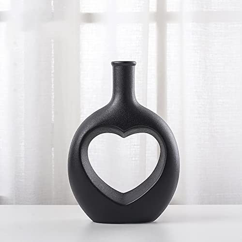 Pevfeciy Keramik vase schwarz,Boho deko vasen,Herz Vase Donut vase mit Loch in der Mitte, Vase für Pampasgras & Trockenblumen für Wohnzimmer Büro Dekoration,Schwarz,M