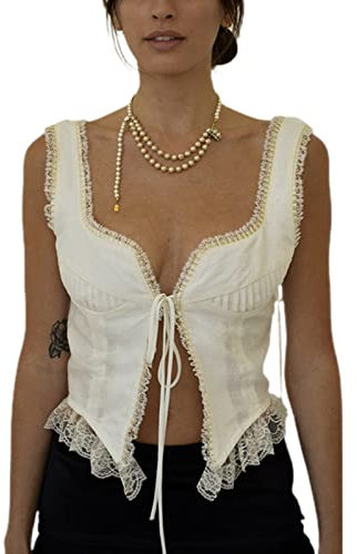 Yassiglia Damen Sommer Crop Top Y2K Ästhetische Camisole Vorne Tie Up Cardigan Low Cut Kurze Tops Sexy Elegant Vintage Tank Top für Party Club (Weiß B, M)