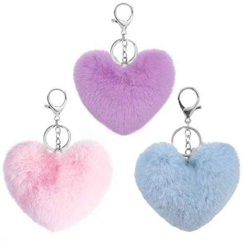 ZKSXOA 3er-Set Liebe Bommel-Schlüsselanhänger, Plüschtier-Anhänger Accessoire,Geeignet für Tasche für Frauen und Mädchen,Rosa,Lila,Blau