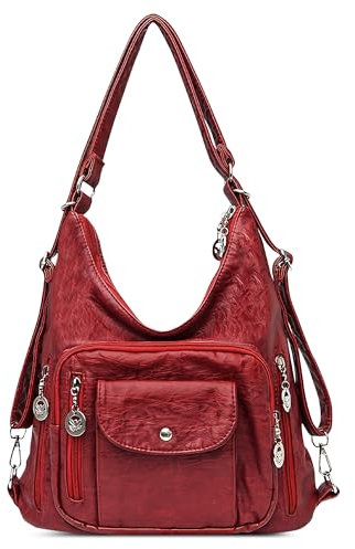 DEEVORCA Retro Moda Bolso De Hombro Mujer Casual Mochila Viaje Trabajo Compras Escuela Bolsa De Mensajero PU Cuero Multibolsillos Bolso Antirrobo Multifuncional Bolsa De Hombro Rojo