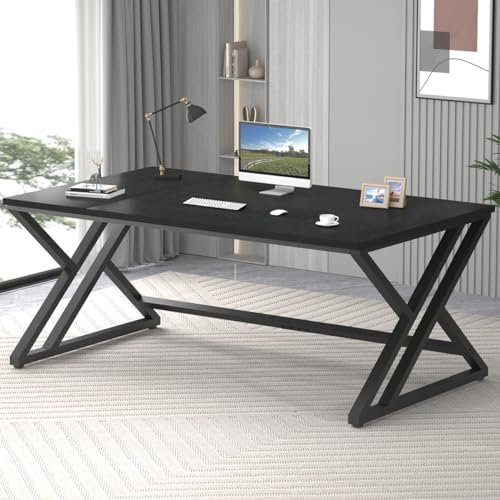 LVB Black Computer Desk, Large Industrial Pc Study Home Office Desk, Long Modern Wood Gaming Work Writing Desk for 2 Person, Farmhouse Double Workstation Executive Desk with Storage in Bedroom 180cm