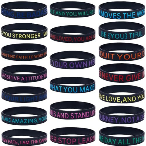 GORGECRAFT 20 Styles de Bracelets de Sport de Motivation en Silicone Citation Inspirante Bracelets Élastiques en Caoutchouc Style Unisexe avec Messages Positifs pour Femmes Hommes Bureau Noir