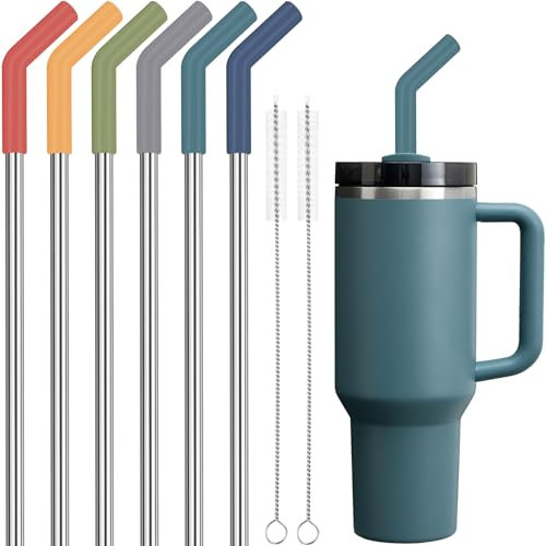 Tomorotec 6Pcs Strohhalme Edelstahl mit Silikonspitzen, Passend für Stanley 40 oz Stanley Tumbler, 30 cm strohhalme wiederverwendbar mit bunten Verlängerungen und 2 Bürsten Dark Morandi
