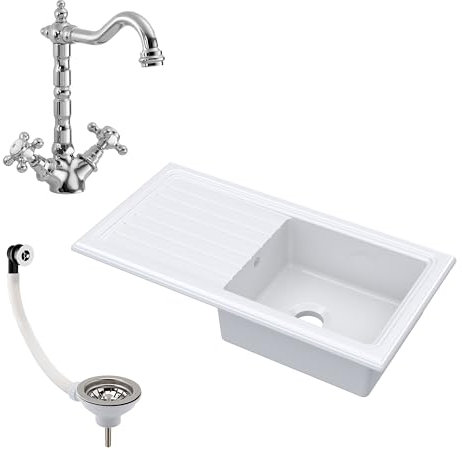 Balterley Ceramic Kitchen Sink with Drainer, Tap, Waste with Overflow, 101cm Inset Counter Top, Single Bowl Fireclay White Sink with French Classic Tap, Reversible Kitchen Sinks (White/Chrome)