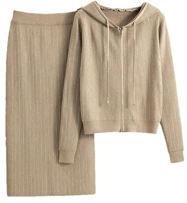 Strick-Sweatshirts mit Kapuze, 2-teiliges Set für Damen, Rauten, Streifen, Röcke, Set, schicker Pullover, Strickjacke, Ensemble, Röcke, Anzüge