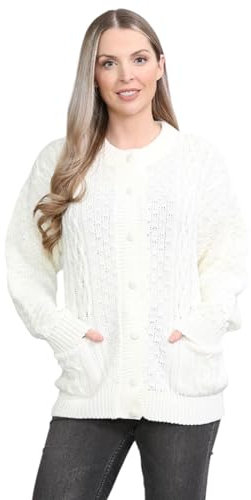 Women’s Long Sleeve Winter Chunky Cable Knit Front Button Top Long Sleeve Aran Crew Neck Warm 7 Button Knitted Cardigan Ladies Sweater (Cream,16)