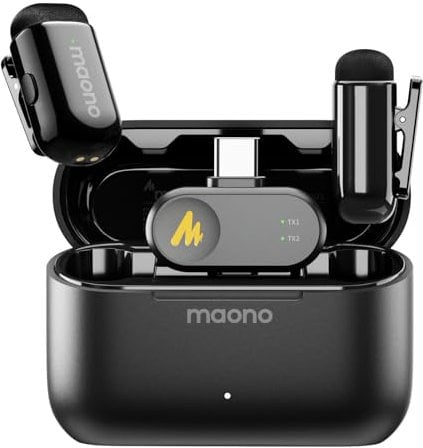 MAONO kabelloses Lavalier Mikrofon für iPhone 15/16 Android Tablet PC – Ansteckmikrofon mit AI-Filter, Noise Cancelling, 30h Laufzeit mit Ladecase, Handy Mikrofon für Vlog Videoaufnahme -Wave T1 Mini
