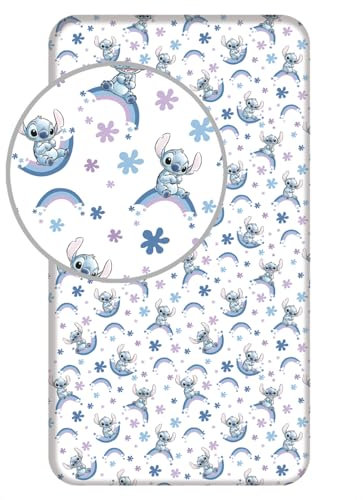 Disney Stitch Spannbettlaken Stitch Rainbow 90x200 cm, 100% Baumwolle, Weiß