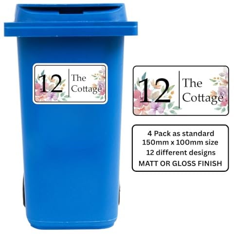 4 Pack Floral Wheelie Bin Stickers, Bin Labels, Personalised Floral Decals, Waterproof, UV Protected, ScratchProof, DustBin Number Stickers, House Name Stickers