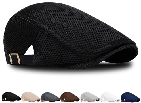 LUKIUP Sommer Barett Herren Netz Schiebermütze, Atmungsaktive Gatsby Barett Cap für Männer und Frauen, Schirmmütze Flatcap Sportmütze, Newsboy Cap Größe 56cm-61cm(Schwarz)