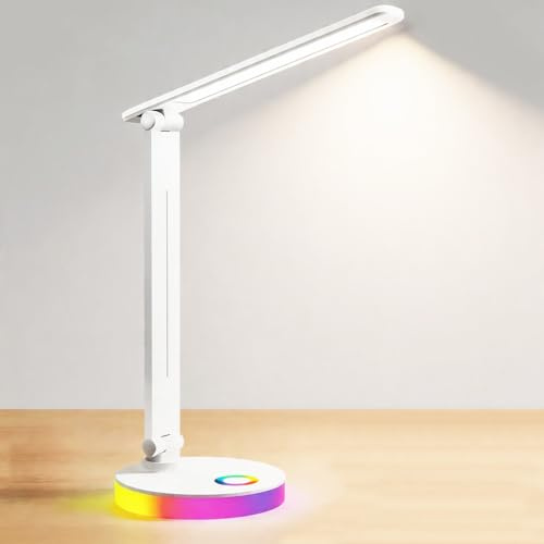 sakruda LED Desk Lamp,Eye-Caring Touch Control Table Lamp W/USB Charging Port,Stepless Dimmable Beside Reading Light,Foldable Desk Lamp W/Colored Night Light for Work,Kids Study,Home,Bedroom,White