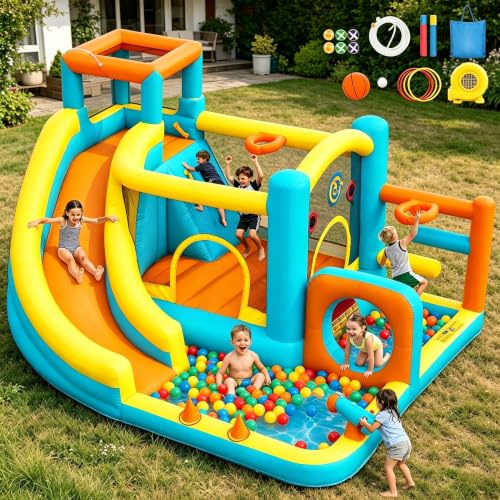 SportBob Inflatable Bouncy Castle with Water Slide, 365×295×210cm | 550W blower,Waterfall slide, paddling pool, for kids, indoor/outdoor, parties & gardens