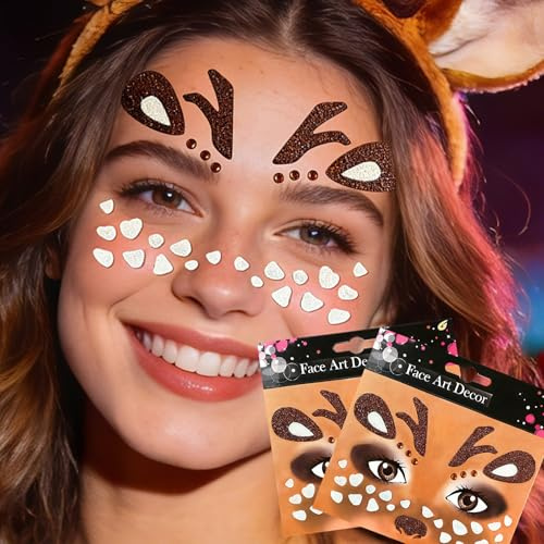 Reh Gesichtstattoo Karneval – 2 Stück Reh Face Tattoo mit Glitzer, Temporäre Gesichtstattoos & Face Sticker, Reh Schminke Aufkleber für Fasching, Halloween & Motto Partys (Braun)