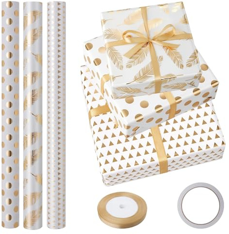 Geschenkpapier 43 cm x 3 m，3 Rollen Gold Foil Geschenkpapier Geburtstag Set mit Doppelseitigem Klebeband & Geschenkband für Geburtstage, Hochzeiten, Partys und Geschenke