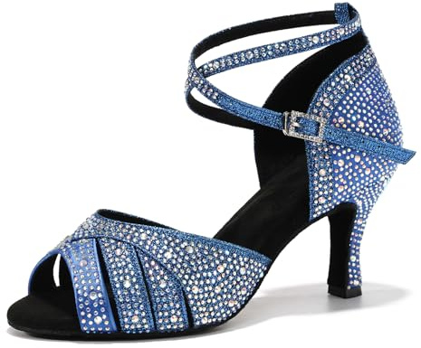 SWDZM Scarpe da Ballo Latino Donna Professionale con Strass per Salsa | Suola in Pelle Scamosciata, Punta Aperta, Alla Caviglia Regolabile con Fibbie, Partito di Nozze Sera Prom o Altre Accasion