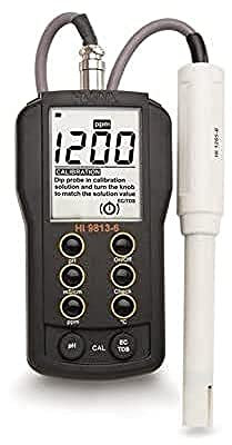 PH/EC/TDS/CÂ °-Meter (4.00 MS/cm, 1999 MG/L (PPM), Clean & CAL, sonde Hi 1285 – 6, 1 m cavo, DIN, processo di ierl., Batteria