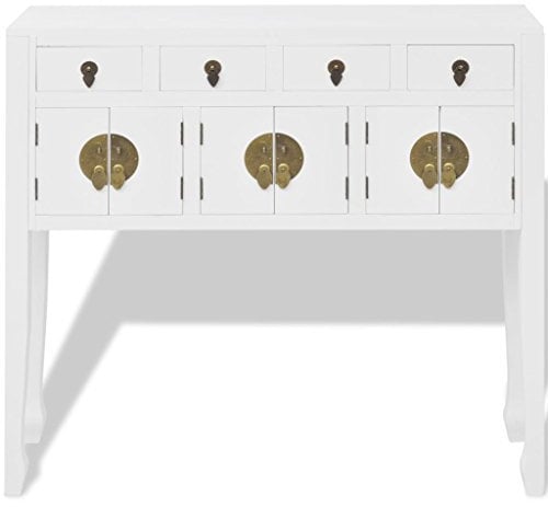 Festnight Massivholz Sideboard Highboard Konsolentisch Seitenschrank in chinesischem Stil mit 4 Schubladen und 3 Schränken 95 x 24 x 91 cm Weiß