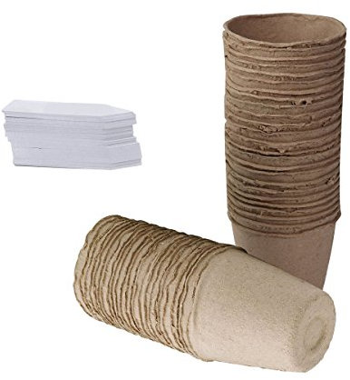 Tlsd Biodegradable Plant Sprout Flower Seedling Pots, 96Pcs 8 cm Fibre Round Peat Pots with 96 Pcs Plastic Plant labels White