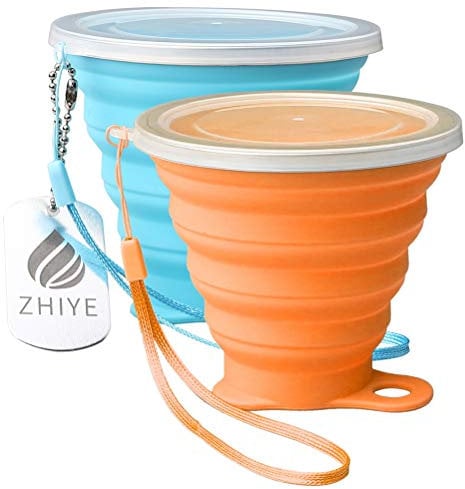 ZHIYE Faltbarer Campingbecher mit Deckel, BPA-freies Silikon, wasserundurchlässig, einziehbar, tragbar, faltbar, für Outdoor-Aktivitäten, Wandern, Picknick, 24,5 ml Blau, Orange