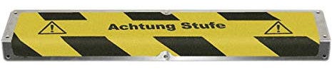 Antirutsch-Treppenkantenprofil gelb/schwarz zum verschrauben, mit Warnzeichen und Text: Achtung Stufe Rutschemmung R 13, Maße (LxB): 63,5 x 12,0 cm, Abkantung: 4,50 cm Rutschhemmung R 13 gem. BGR 181