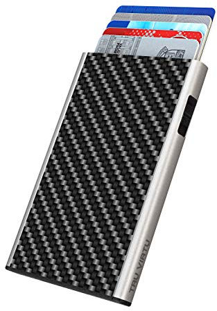 Tru Virtu® Kartenetui Click & Slide Carbon Fibre Black/Silver I Kreditkartenetui I Kartenetui-RFID-NFC-Schutz I Kartenetui aus Aluminium I Kartenaufbewahrung I Slim Wallet