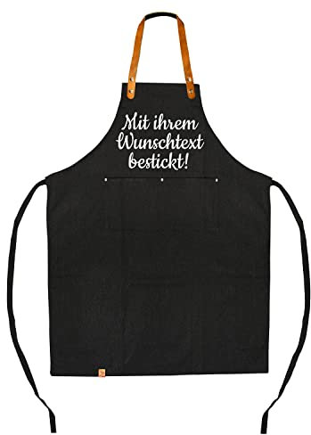 Grillschürze & Kochschürze mit Namen oder Wunschtext bestickt - Leder-Nackenband - robuste Premiumqualität - individuell personalisiertes Geschenk mit Stickerei