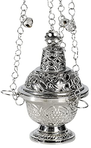 NKlaus Quemador de Incienso de latón Cadena de Plata 60cm de Largo con Campana Quemador de Incienso Decorado Hecho a Mano 10959