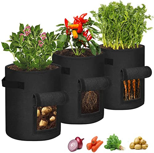 YRHome 3 Stück Pflanztasche Kartoffeln Pflanzen Tasche 7 Gallonen Pflanzsack Kartoffelsack Pflanzbeutel Vliesstoff Tomaten Pflanztopf mit Klettfenster Griffen für Blumen Kartoffeln Pflanzen Schwarz