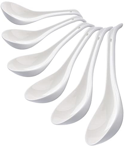 CHILDIKE Porcelain Soup Spoons Set of 6, Ceramic Chinese Soup Spoons 6.6 Inch, Asian Soup Spoons, Japanese Ramen Spoons, White