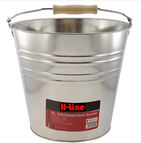 H-LINE 12L 12 Litre Traditional Galvanised Strong Steel Metal Bucket Water Feed With Wooden Handle
